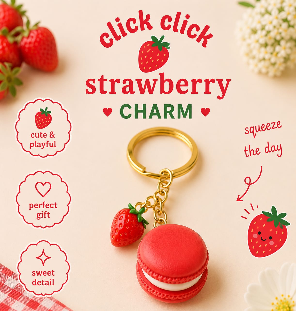 Strawberry Macaron Charm Keychain