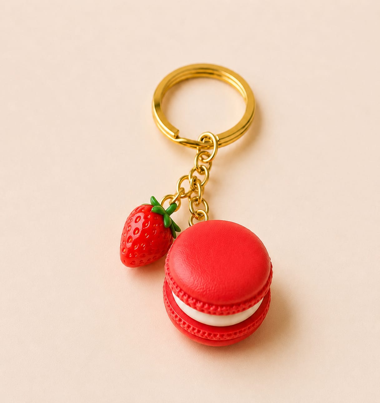 Strawberry Macaron Charm Keychain